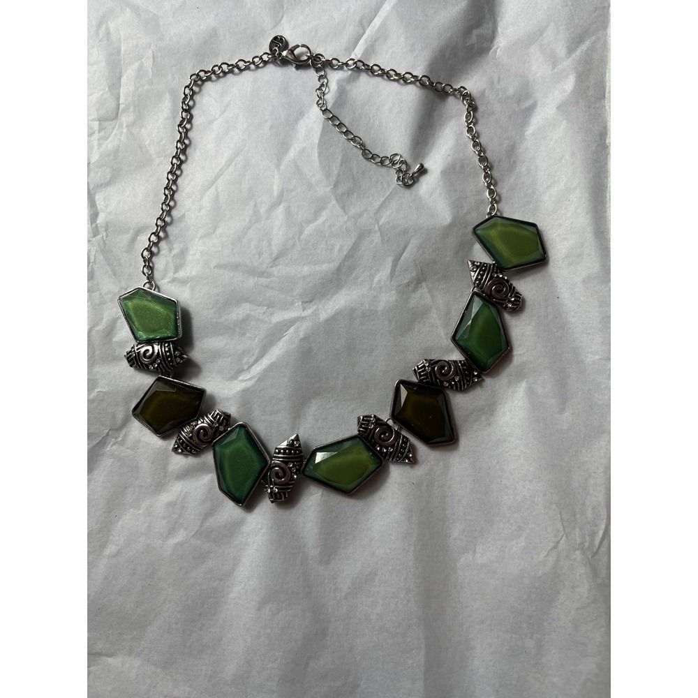 JB Necklace Womens Green Excellent Geometric Statement Silver Tone Bohemian